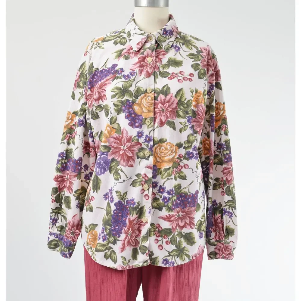 Vintage 90s Floral Grape Vine Print Shirt Cotton Corduroy Collared Blouse M - Picture 4 of 8